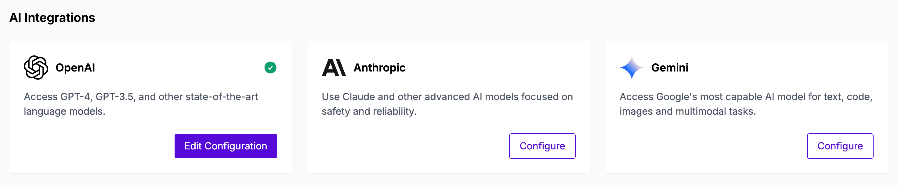 AI integrations dashboard showing OpenAI, Anthropic, and Gemini configurations