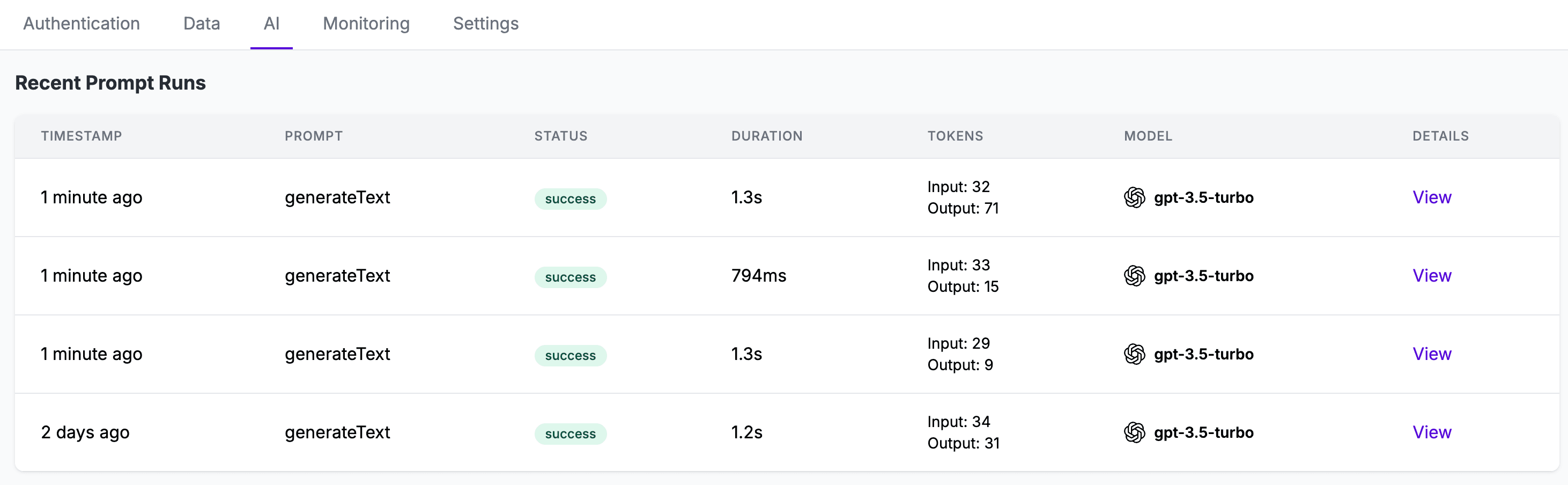 AI monitoring dashboard showing recent prompt runs with tokens, duration, and model information