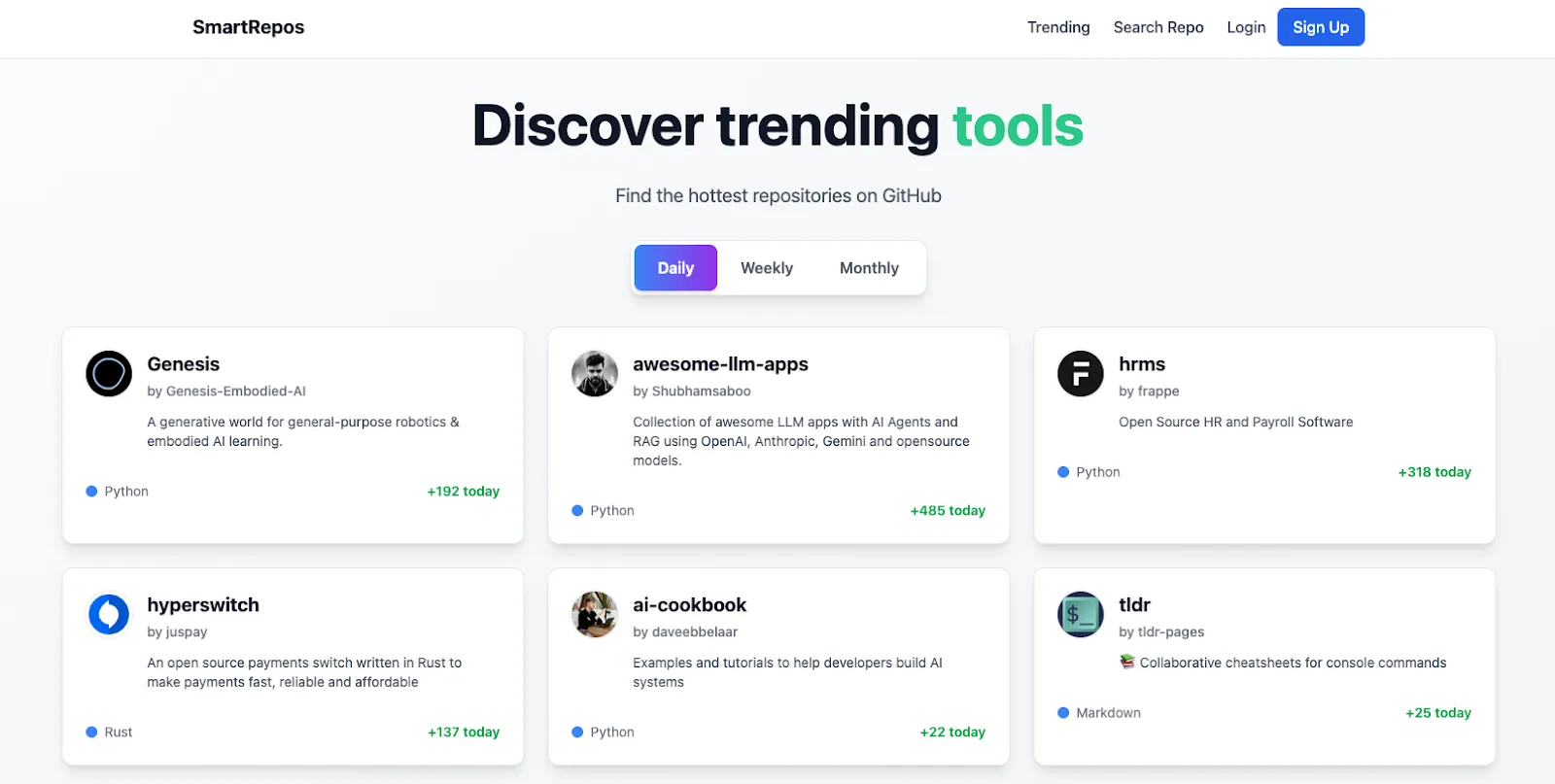 SmartRepos - Smarter Way to Discover Trending Tools, Libraries, Frameworks